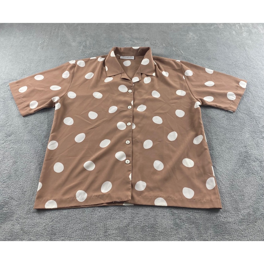 La Chemise Tan White Polka Dot M. Button Down Shirt Made in USA Vintage